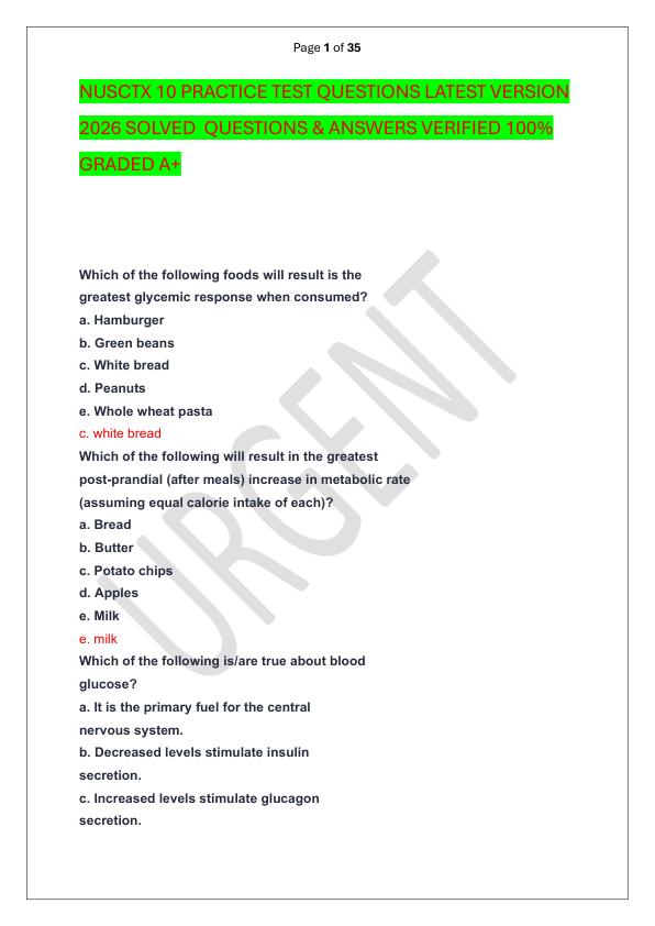 NUSCTX 10 PRACTICE TEST QUESTIONS LATEST VERSION 2026 SOLVED  QUESTIONS & ANSWERS VERIFIED 100%  GRADED A+