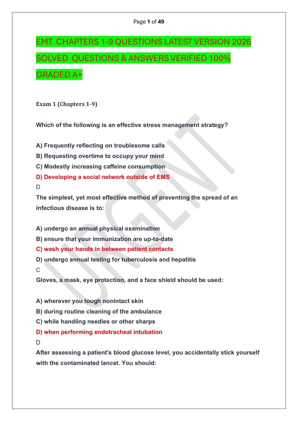 EMT  CHAPTERS 1-9 QUESTIONS LATEST VERSION 2026 SOLVED  QUESTIONS & ANSWERS VERIFIED 100%  GRADED A+