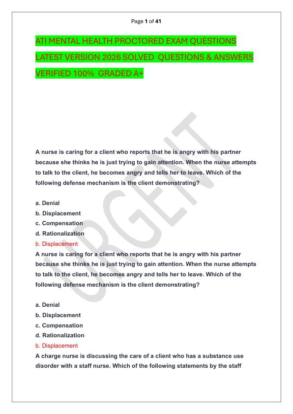 ATI MENTAL HEALTH PROCTORED EXAM QUESTIONS LATEST VERSION 2026 SOLVED  QUESTIONS & ANSWERS VERIFIED 100%  GRADED A+
