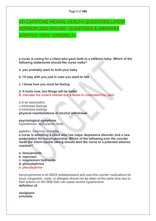 ATI CAPSTONE MENTAL HEALTH QUESTIONS LATEST VERSION 2026 SOLVED  QUESTIONS & ANSWERS VERIFIED 100%  GRADED A+