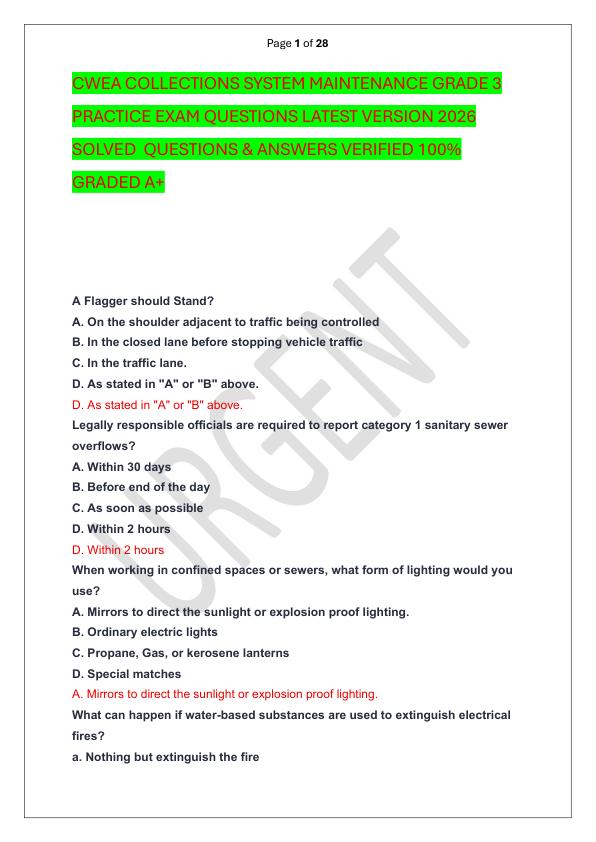 CWEA COLLECTIONS SYSTEM MAINTENANCE GRADE 3 PRACTICE EXAM QUESTIONS LATEST VERSION 2026 SOLVED  QUESTIONS & ANSWERS VERIFIED 100%  GRADED A+