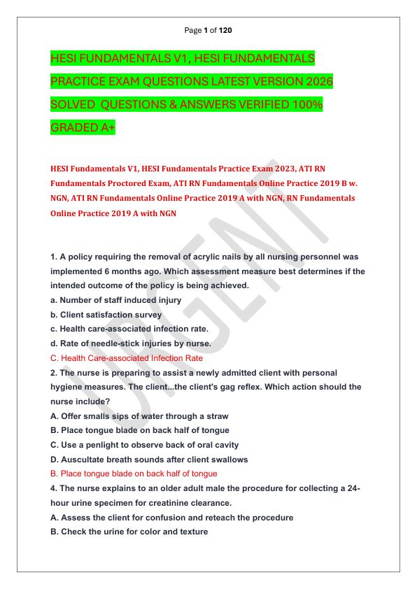 HESI FUNDAMENTALS V1, HESI FUNDAMENTALS PRACTICE EXAM QUESTIONS LATEST VERSION 2026 SOLVED  QUESTIONS & ANSWERS VERIFIED 100%  GRADED A+