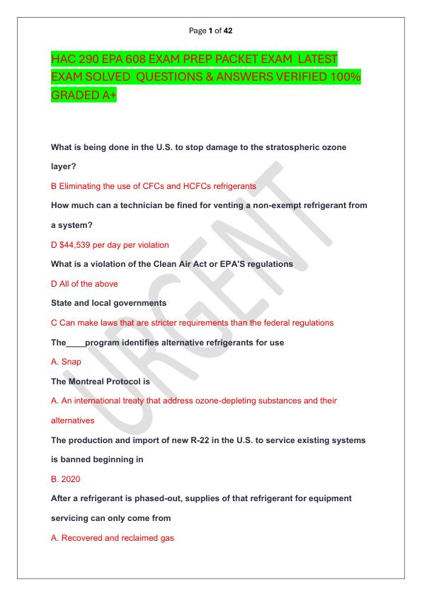 HAC 290 EPA 608 EXAM PREP PACKET EXAM  LATEST EXAM SOLVED  QUESTIONS & ANSWERS VERIFIED 100%  GRADED A+