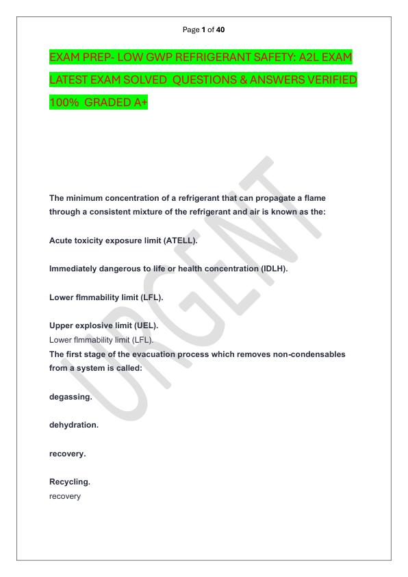 EXAM PREP- LOW GWP REFRIGERANT SAFETY A2L EXAM  LATEST EXAM SOLVED  QUESTIONS & ANSWERS VERIFIED 100%  GRADED A+