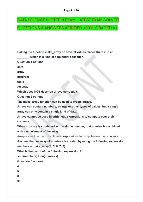 mobile-preview-DATA SCIENCE MIDTERM EXAM  LATEST EXAM SOLVED  QUESTIONS & ANSWERS VERIFIED 100%  GRADED A+