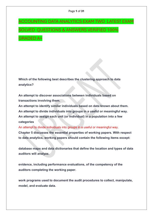 ACCOUNTING DATA ANALYTICS EXAM TWO  LATEST EXAM SOLVED  QUESTIONS & ANSWERS VERIFIED 100%  GRADED A+