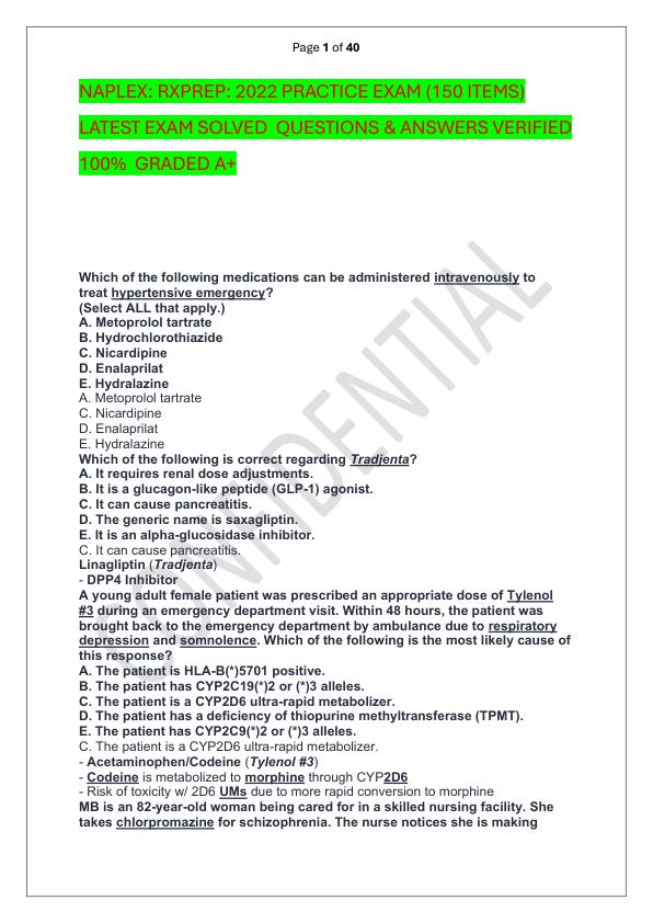 NAPLEX RXPREP 2022 PRACTICE EXAM (150 ITEMS) LATEST EXAM SOLVED  QUESTIONS & ANSWERS VERIFIED 100%  GRADED A+
