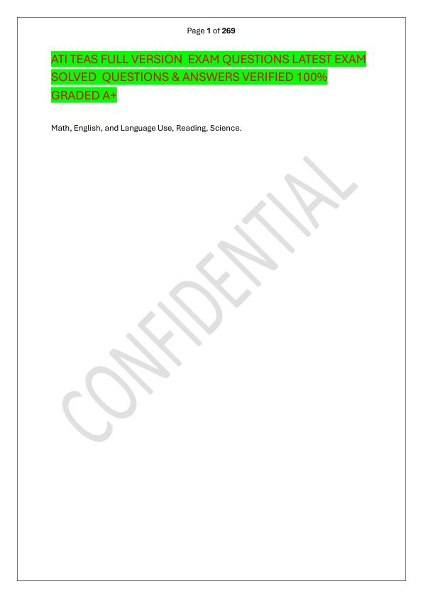 ATI TEAS FULL VERSION  EXAM QUESTIONS LATEST EXAM SOLVED  QUESTIONS & ANSWERS VERIFIED 100%  GRADED A+