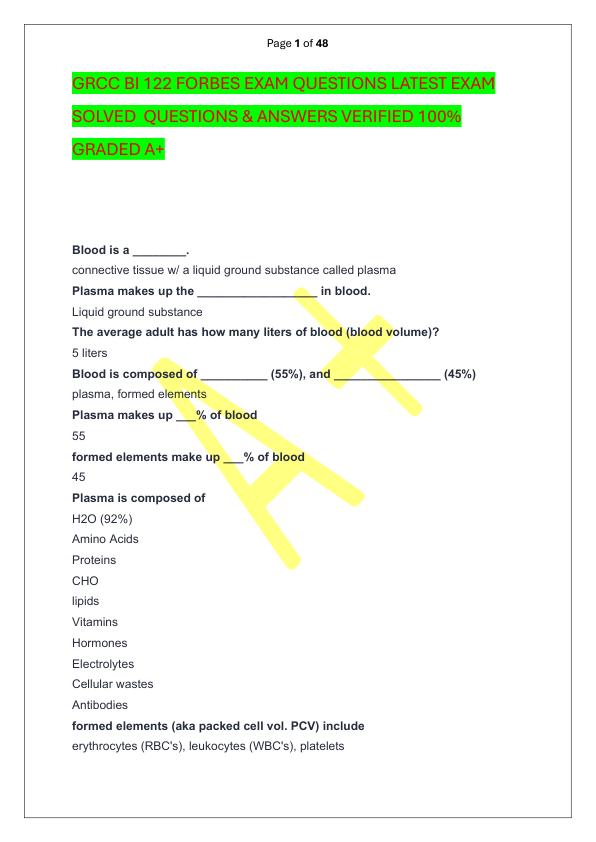 GRCC BI 122 FORBES EXAM QUESTIONS LATEST EXAM SOLVED  QUESTIONS & ANSWERS VERIFIED 100%  GRADED A+