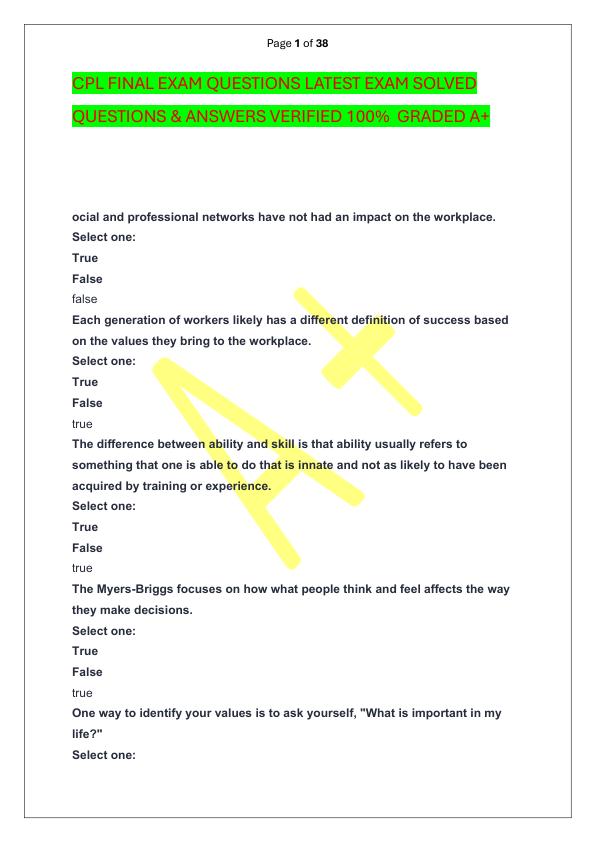 CPL FINAL EXAM QUESTIONS LATEST EXAM SOLVED  QUESTIONS & ANSWERS VERIFIED 100%  GRADED A+
