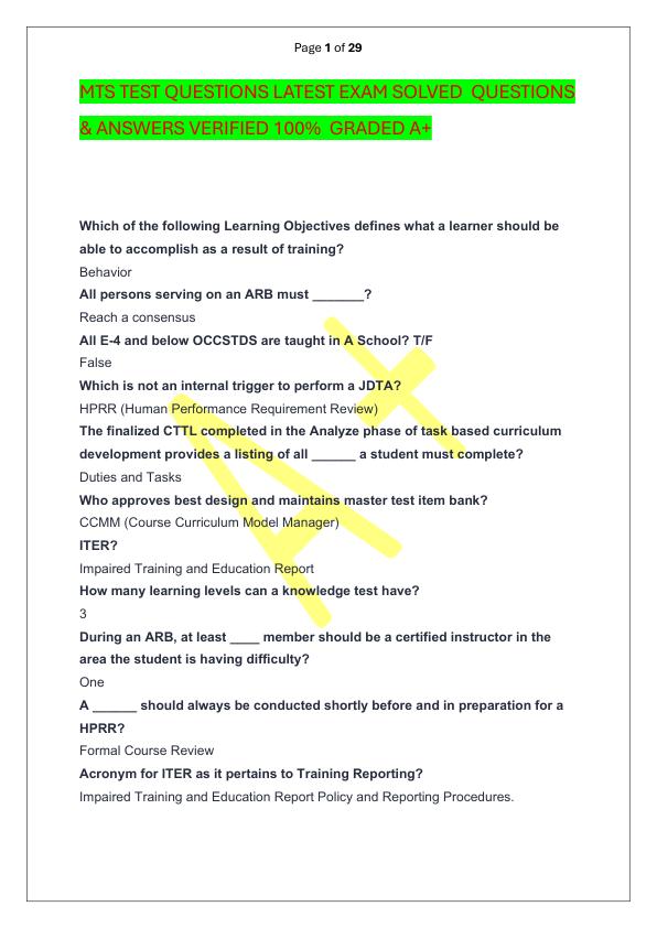 MTS TEST QUESTIONS LATEST EXAM SOLVED  QUESTIONS & ANSWERS VERIFIED 100%  GRADED A+