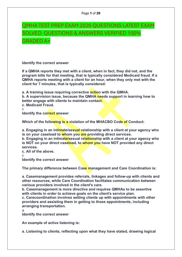 QMHA TEST PREP EXAM 2026 QUESTIONS LATEST EXAM SOLVED  QUESTIONS & ANSWERS VERIFIED 100%  GRADED A+