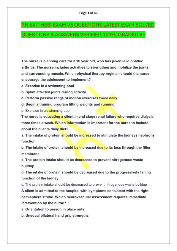 RN EXIT HESI EXAM V5 QUESTIONS LATEST EXAM SOLVED  QUESTIONS & ANSWERS VERIFIED 100%  GRADED A+