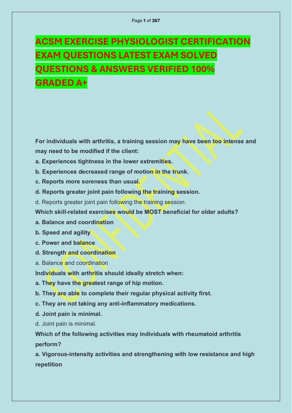 ACSM EXERCISE PHYSIOLOGIST CERTIFICATION EXAM QUESTIONS LATEST EXAM SOLVED  QUESTIONS & ANSWERS VERIFIED 100%  GRADED A+ 