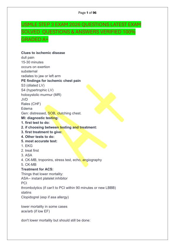USMLE STEP 3 EXAM 2026 QUESTIONS LATEST EXAM SOLVED  QUESTIONS & ANSWERS VERIFIED 100%  GRADED A+