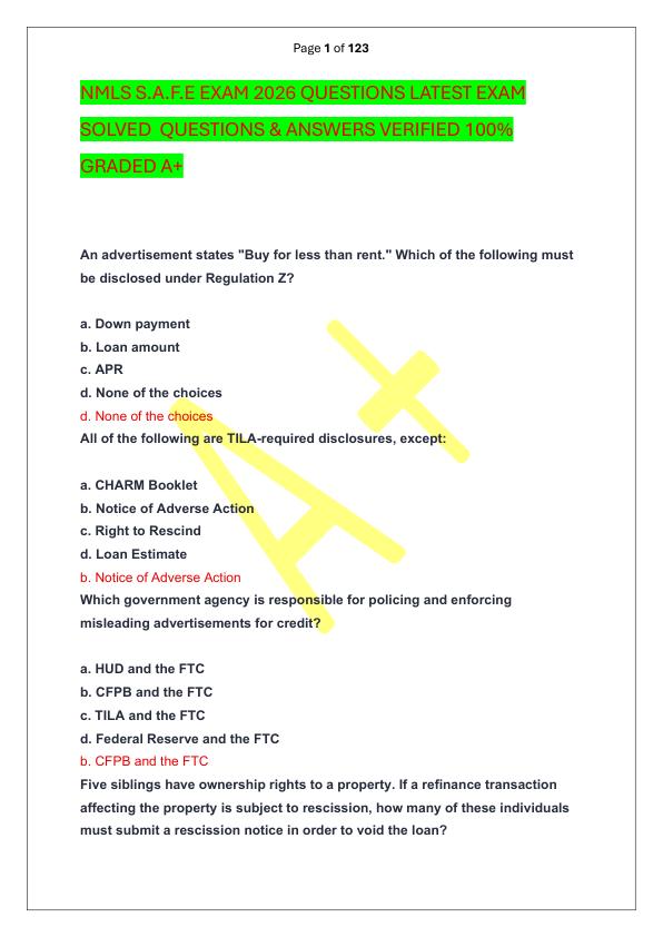 NMLS S.A.F.E EXAM 2026 QUESTIONS LATEST EXAM SOLVED  QUESTIONS & ANSWERS VERIFIED 100%  GRADED A+