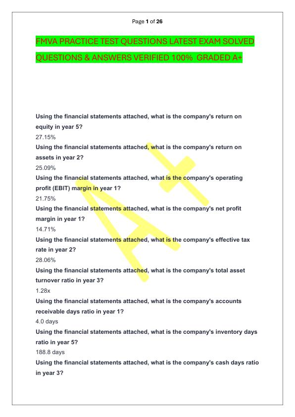 FMVA PRACTICE TEST QUESTIONS LATEST EXAM SOLVED  QUESTIONS & ANSWERS VERIFIED 100%  GRADED A+