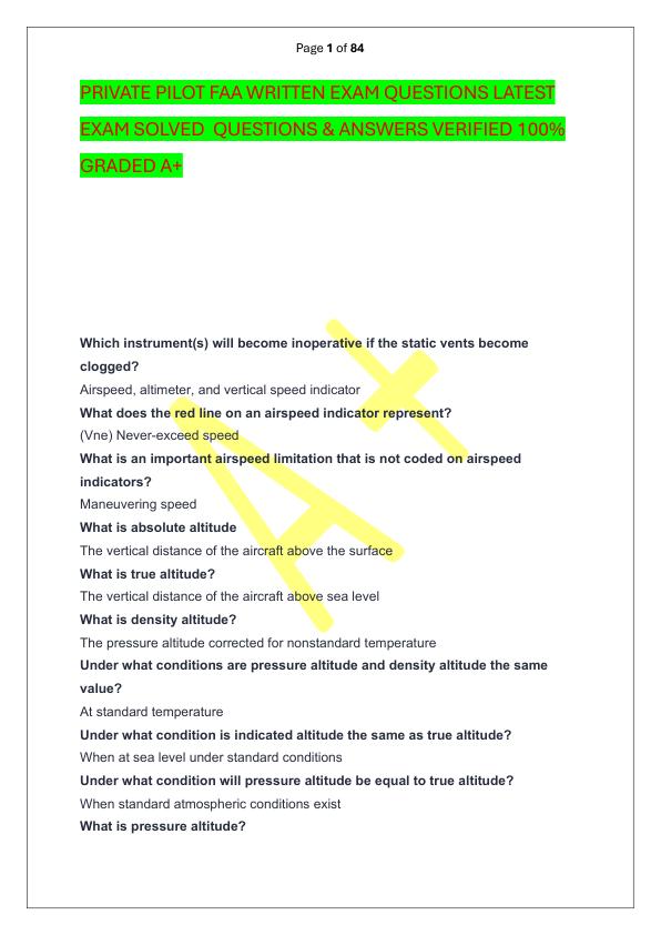 PRIVATE PILOT FAA WRITTEN EXAM QUESTIONS LATEST EXAM SOLVED  QUESTIONS & ANSWERS VERIFIED 100%  GRADED A+