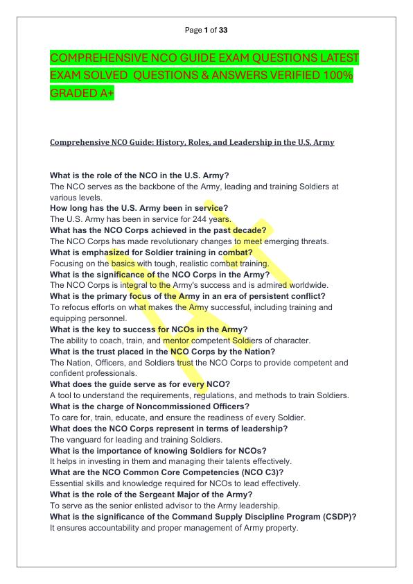 COMPREHENSIVE NCO GUIDE EXAM QUESTIONS LATEST EXAM SOLVED  QUESTIONS & ANSWERS VERIFIED 100%  GRADED A+