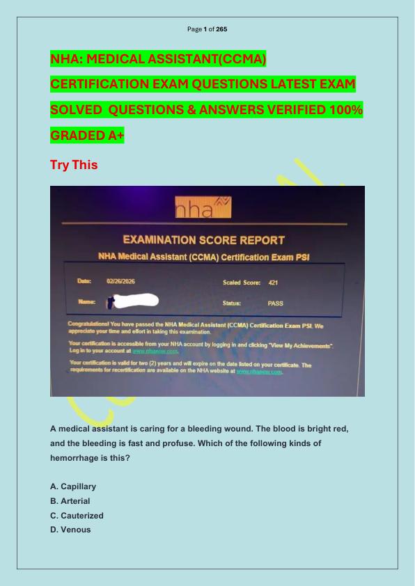 NHA MEDICAL ASSISTANT(CCMA) CERTIFICATION EXAM QUESTIONS LATEST EXAM SOLVED  QUESTIONS & ANSWERS VERIFIED 100%  GRADED A+