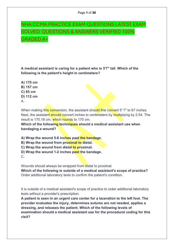 NHA CCMA PRACTICE EXAM QUESTIONS LATEST EXAM SOLVED  QUESTIONS & ANSWERS VERIFIED 100%  GRADED A+