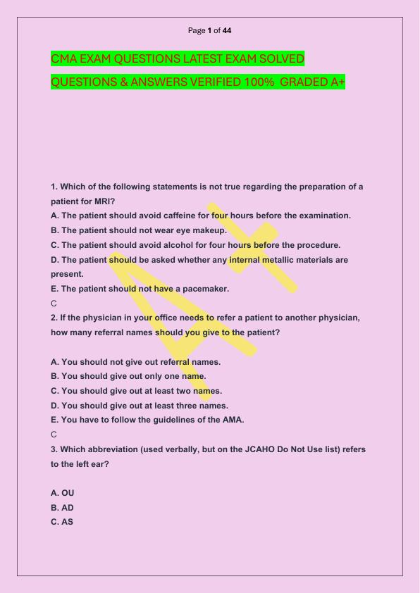 CMA EXAM QUESTIONS LATEST EXAM SOLVED  QUESTIONS & ANSWERS VERIFIED 100%  GRADED A+