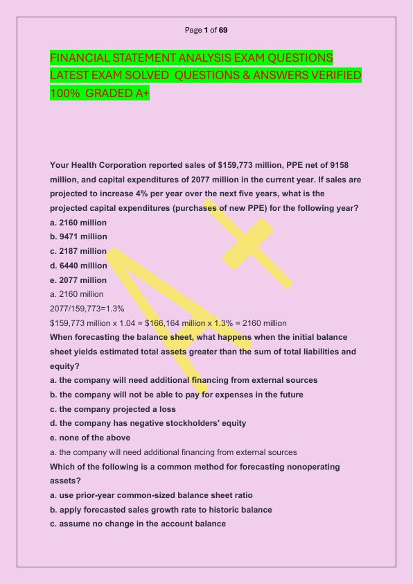 FINANCIAL STATEMENT ANALYSIS EXAM QUESTIONS LATEST EXAM SOLVED  QUESTIONS & ANSWERS VERIFIED 100%  GRADED A+