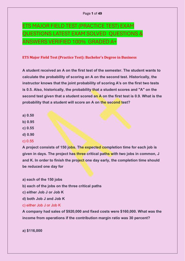 ETS MAJOR FIELD TEST (PRACTICE TEST) EXAM QUESTIONS LATEST EXAM SOLVED  QUESTIONS & ANSWERS VERIFIED 100%  GRADED A+