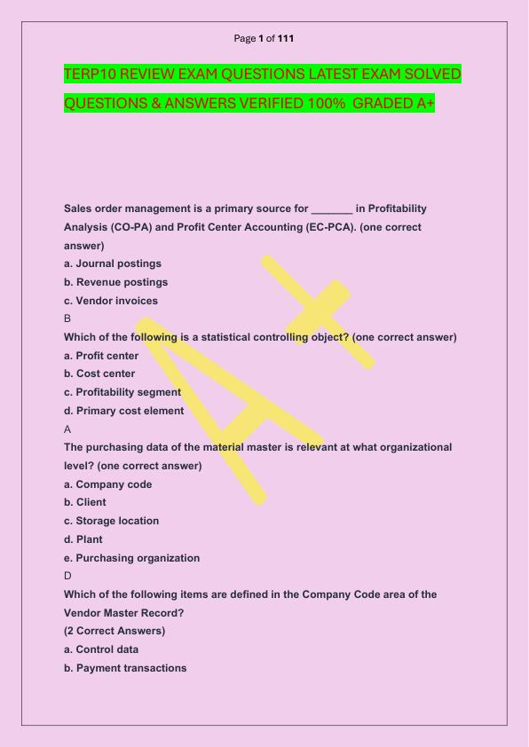 TERP10 REVIEW EXAM QUESTIONS LATEST EXAM SOLVED  QUESTIONS & ANSWERS VERIFIED 100%  GRADED A+