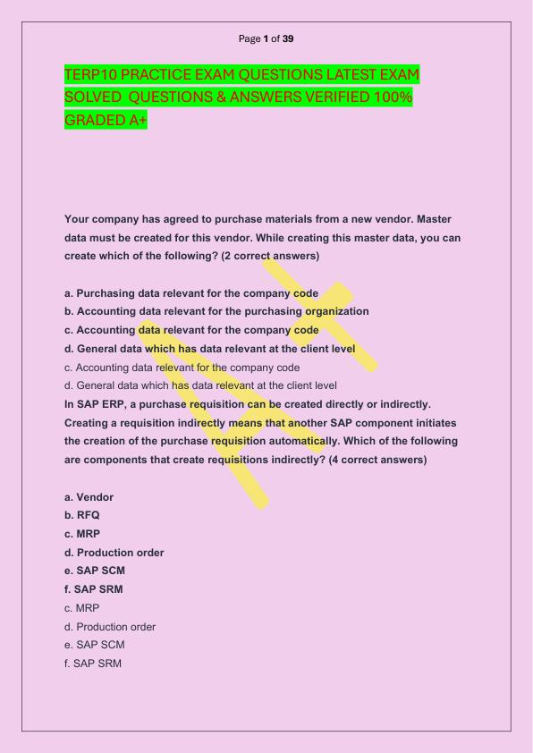 TERP10 PRACTICE EXAM QUESTIONS LATEST EXAM SOLVED  QUESTIONS & ANSWERS VERIFIED 100%  GRADED A+
