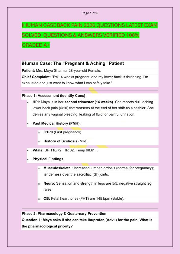 IHUMAN CASE BACK PAIN 2026 QUESTIONS LATEST EXAM SOLVED  QUESTIONS & ANSWERS VERIFIED 100%  GRADED A+