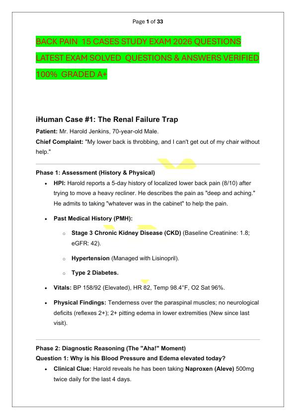 BACK PAIN  15 CASES STUDY EXAM 2026 QUESTIONS LATEST EXAM SOLVED  QUESTIONS & ANSWERS VERIFIED 100%  GRADED A+