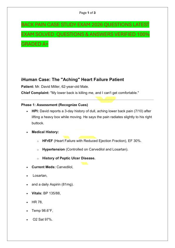 BACK PAIN CASE STUDY EXAM 2026 QUESTIONS LATEST EXAM SOLVED  QUESTIONS & ANSWERS VERIFIED 100%  GRADED A+
