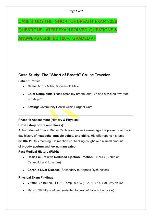 CASE STUDY THE SHORT OF BREATH  EXAM 2026 QUESTIONS LATEST EXAM SOLVED  QUESTIONS & ANSWERS VERIFIED 100%  GRADED A+