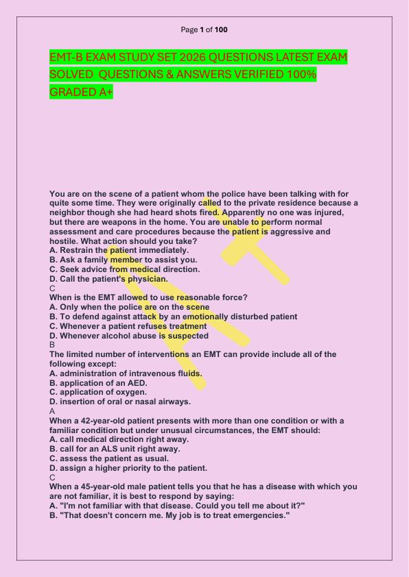EMT-B EXAM STUDY SET 2026 QUESTIONS LATEST EXAM SOLVED  QUESTIONS & ANSWERS VERIFIED 100%  GRADED A+