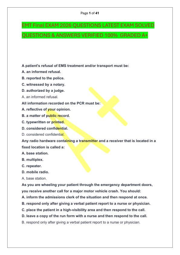 EMT Final EXAM 2026 QUESTIONS LATEST EXAM SOLVED  QUESTIONS & ANSWERS VERIFIED 100%  GRADED A+