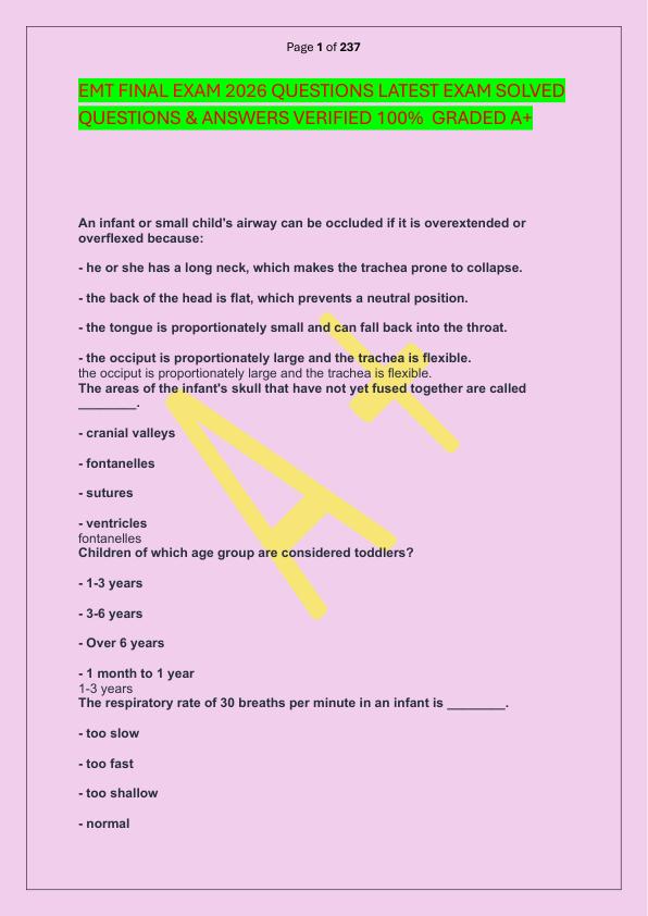 EMT EXAM 2026 QUESTIONS LATEST EXAM SOLVED  QUESTIONS & ANSWERS VERIFIED 100%  GRADED A+