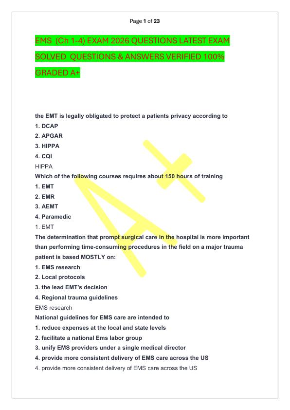 EMS  (Ch 1-4) EXAM 2026 QUESTIONS LATEST EXAM SOLVED  QUESTIONS & ANSWERS VERIFIED 100%  GRADED A+