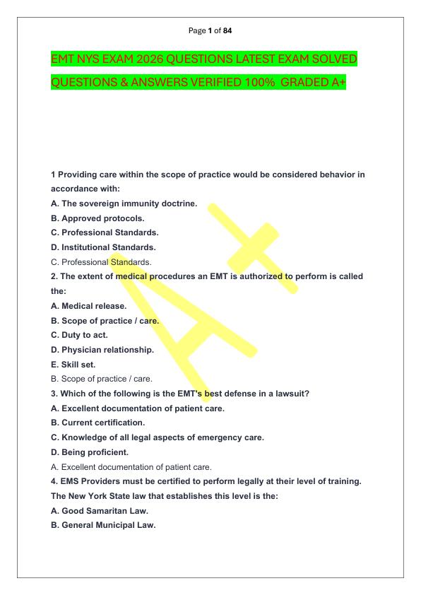 EMT NYS EXAM 2026 QUESTIONS LATEST EXAM SOLVED  QUESTIONS & ANSWERS VERIFIED 100%  GRADED A+