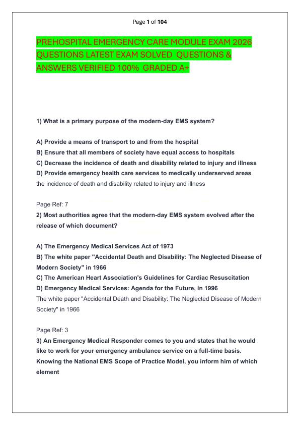 PREHOSPITAL EMERGENCY CARE MODULE EXAM 2026 QUESTIONS LATEST EXAM SOLVED  QUESTIONS & ANSWERS VERIFIED 100%  GRADED A+