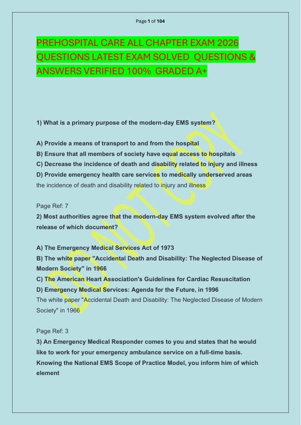 PREHOSPITAL CARE ALL CHAPTER EXAM 2026 QUESTIONS LATEST EXAM SOLVED  QUESTIONS & ANSWERS VERIFIED 100%  GRADED A+ 
