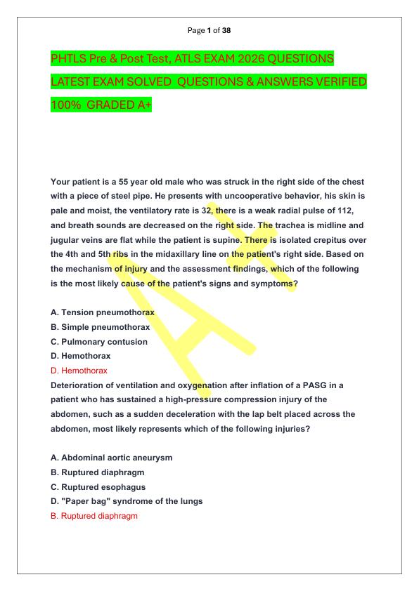 PHTLS Pre & Post Test, ATLS EXAM 2026 QUESTIONS LATEST EXAM SOLVED  QUESTIONS & ANSWERS VERIFIED 100%  GRADED A+