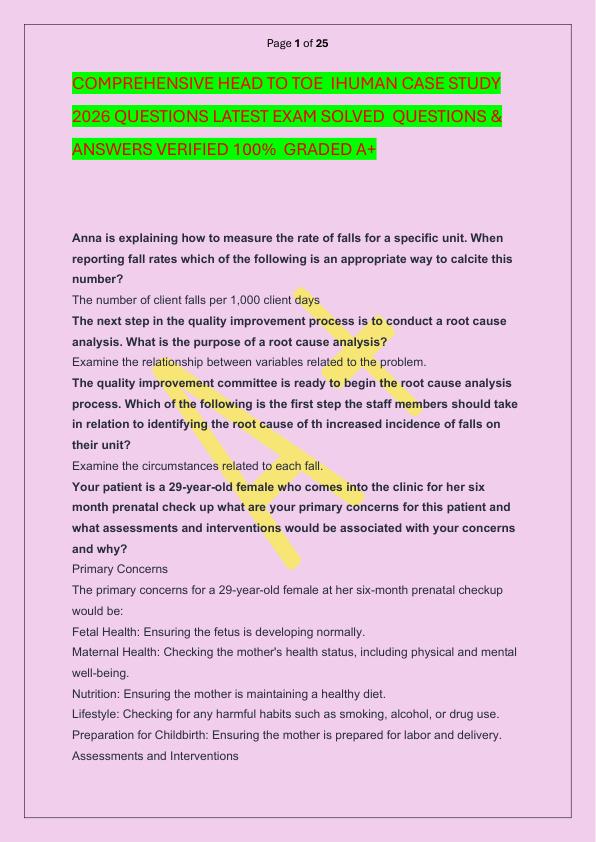 COMPREHENSIVE HEAD TO TOE  IHUMAN CASE STUDY 2026 QUESTIONS LATEST EXAM SOLVED  QUESTIONS & ANSWERS VERIFIED 100%  GRADED A+
