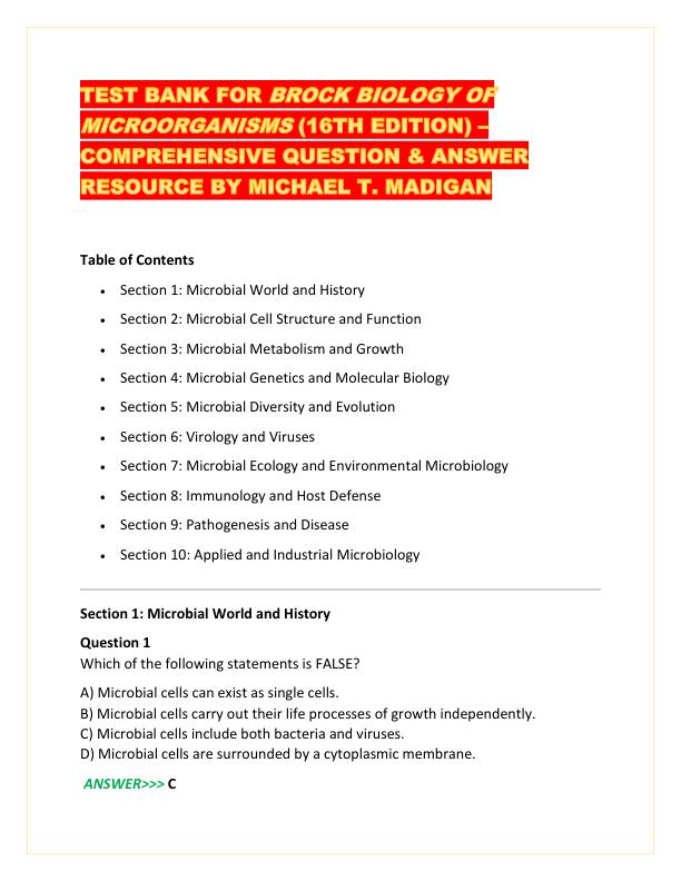 TEST BANK FOR BROCK BIOLOGY OF MICROORGANISMS