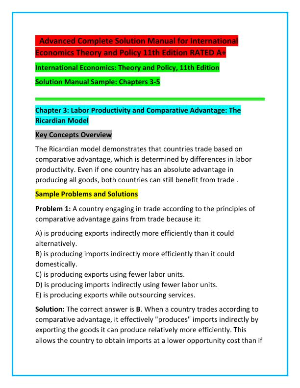 Advanced Complete Solution Manual for International Economics Theory and Policy 11th Edition RATED A