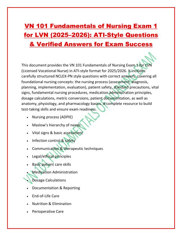 VN 101 Fundamentals of Nursing Exam 1 for LVN