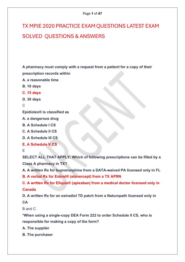 TX MPJE 2020 PRACTICE EXAM QUESTIONS LATEST EXAM SOLVED  QUESTIONS & ANSWERS 