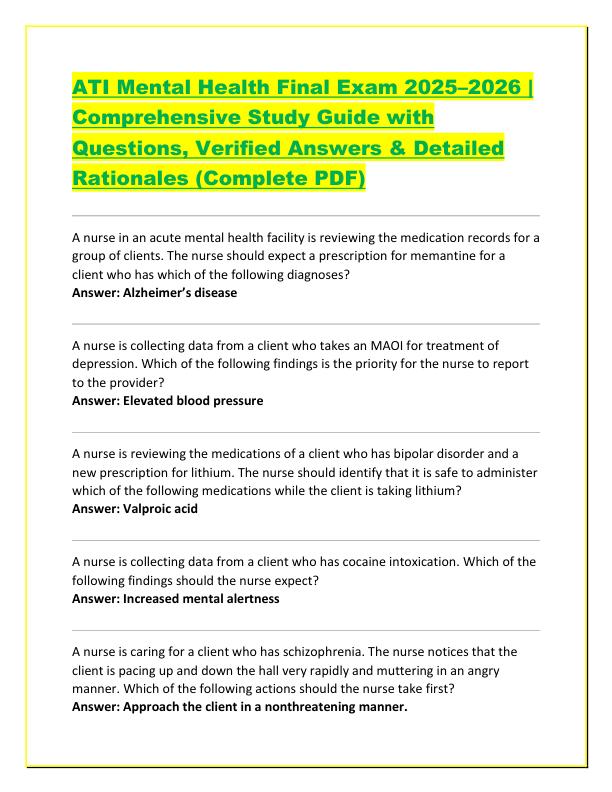 ATI Mental Health Final Exam 2025