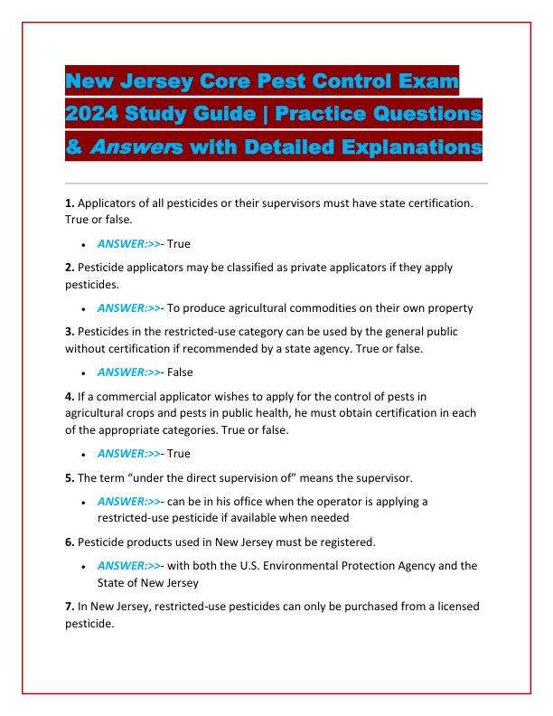 New Jersey Core Pest Control Exam 2024 Study Guide