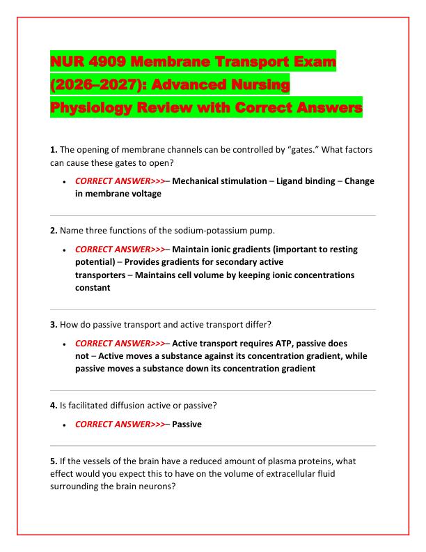 NUR 4909 Membrane Transport Exam